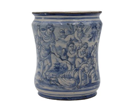 Antica maiolica decorata sul davanti con scena mitologica in azzurro su fondo bianco. Napoli. Datata sul retro 1726. Cm h 19