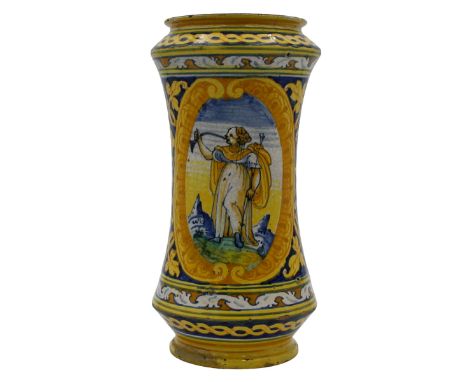 Antica maiolica decorata sul davanti con figura classica e sul retro ricco decoro a motivi vegetali policromi (piccolo restau