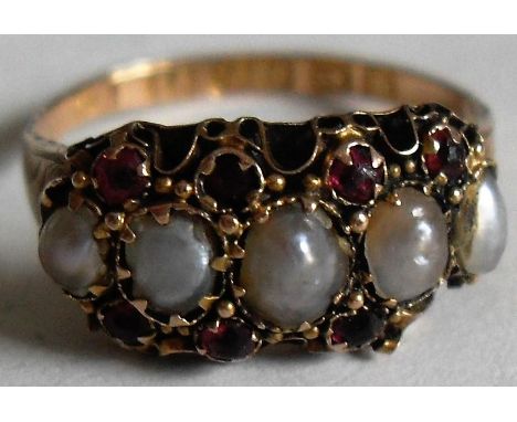 A Victorian 15ct yellow gold ruby and natural pearl ring, size K, hallmarked Birmingham 1878, gross weight 1.43 g. Condition: