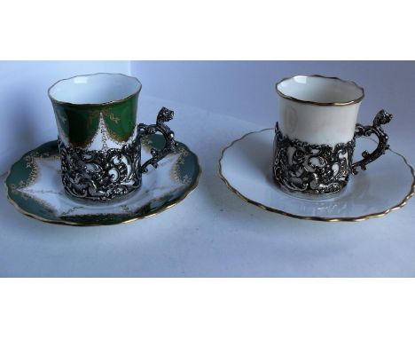 Coalport and Aynsley coffee cans and saucers in silver holders by William Commins, Birmingham 1894, 1903 (2)