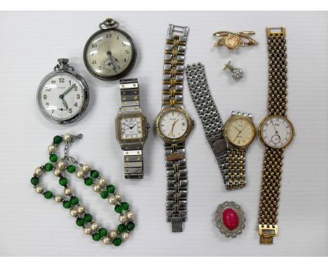 A selection of four gent's fashion watches, two silver plated pocket watches and costume jewellery. 