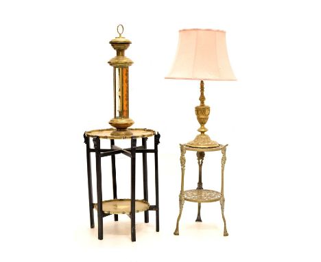 20th Century brass lamp with neo-classical decoration, brass two-tier stand, Indian two-tier stand, and a 20th Century brass 