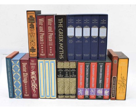 Quantity of Folio Society books to include; 'The Greek Myths', 'War and Peace I &amp; II', 'The Fatal Shore', 'London: Portra