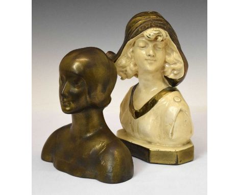 Art Deco-style ceramic bust of a figure, marked 'St. Clement-France' to base, together with another bust of a female, 26cm hi