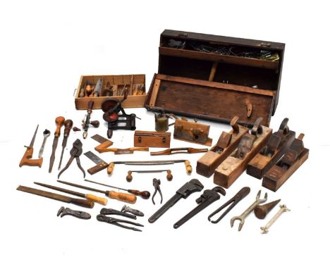 Quantity of woodwork tools to include; plains, screwdrivers, pliers, etc, the chest measuring 76cm wide