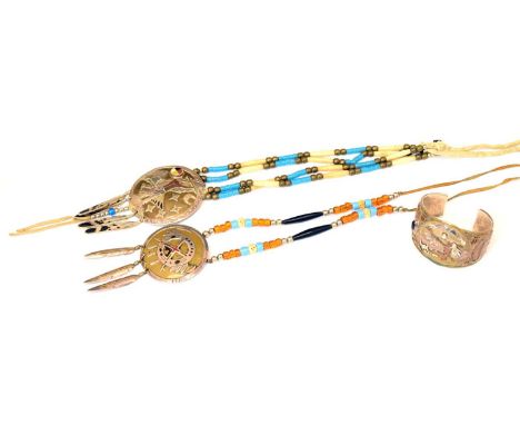 Lakota Jewelry Visions Native American cuff bangle, decorated with buffalo and semi-precious gemstones, signed P.V.H, and sta