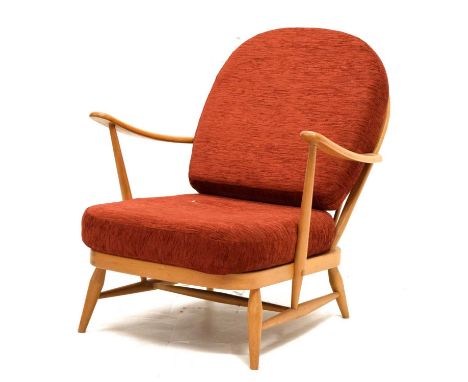 Ercol elm stick back open armchair with red cushions, 54cm (seats widest point) x 80cm high 