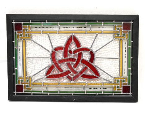 Early 20th Century stained glass window, the central panel with a heart entwined with a Triquetra (Celtic Knot) and outer bor