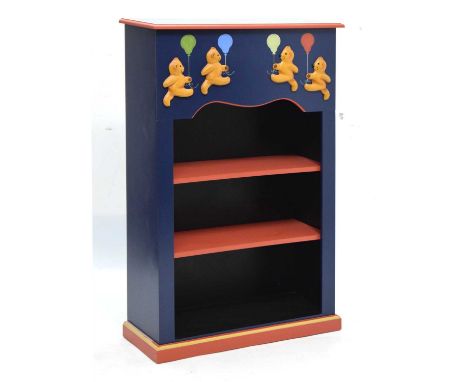 Child's bookcase painted in relief with teddy bears holding balloons, 80cm x 29cm x 123.5cm high