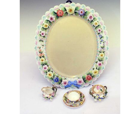 Continental floral encrusted porcelain easel mirror, 30cm high, together with three pieces of miniature floral encrusted porc