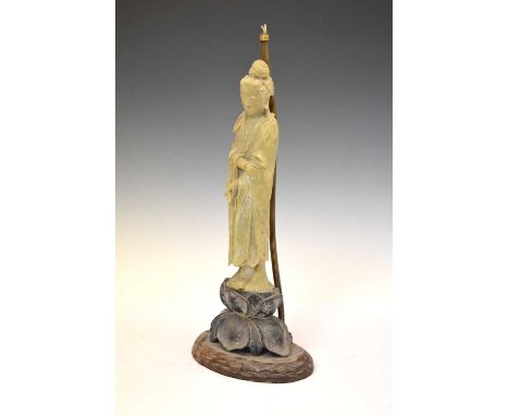 Chinese soap stone figure on a wooden lamp base in the form of a lotus leaf, 42cm high (excluding fitting)