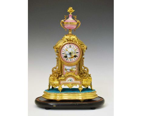 19th Century French gilt and porcelain-mounted mantel clock, Japy Freres, 3-inch cellular Roman dial with painted landscape t