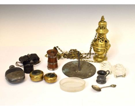 Quantity of interesting miscellanea to include; miners brass pocket watch cases, hip flask with detachable cup, silver 'Canad