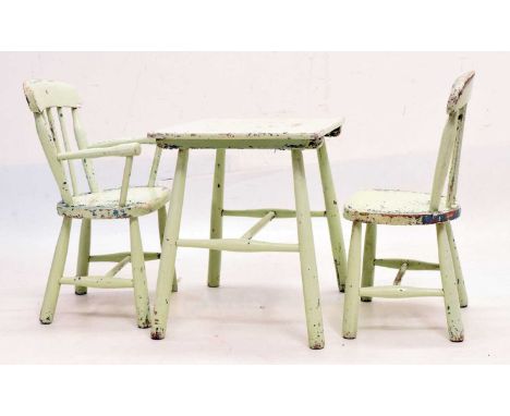 Early 20th Century child's light blue painted table and two chairs, table: 50cm x 37cm x 46.5cm high 