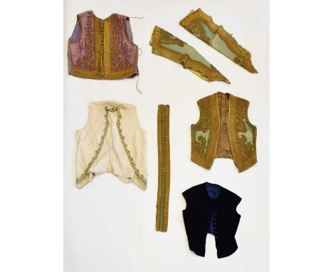 19th Century green silk velvet jerkin, hand stitched in gold thread with foliate scrollwork within gold thread braid borders 