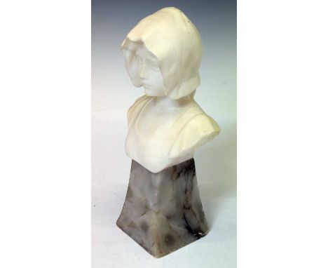 White marble bust of a female peasant wearing a bonnet, on a green marble socle base, 25cm high