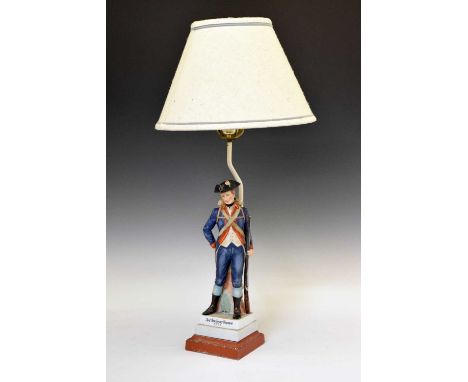 Capodimonte style figural table lamp of a '3rd New Jersey Regiment 1777' solder, 36cm high (excluding fittings and shade)