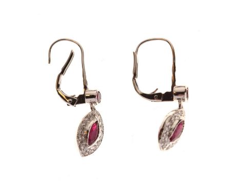 9ct white gold ruby and diamond drop earrings, 1.6g gross approx