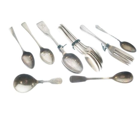 Quantity of silver teaspoons, cake forks, caddy spoons, etc, 395g approx