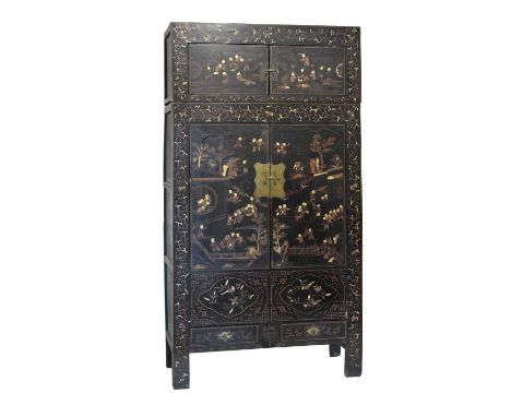 19th Century Chinese Qing dynasty lacquered cabinet, of large proportions, the rectangular detachable upper section with twin