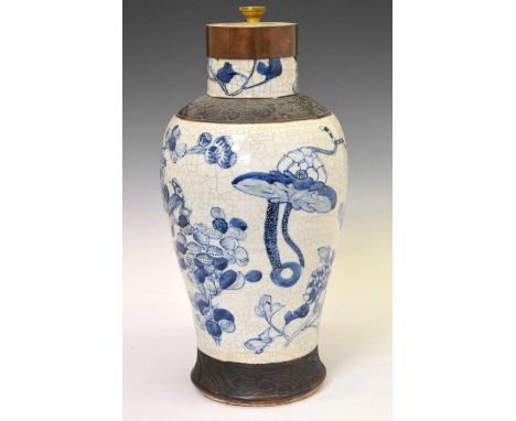 Chinese blue and white crackle ware vase, converted into a lamp, mark to base, 42cm high