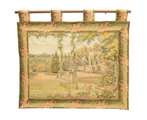Modern 20th Century wall hanging tapestry of a classical Italian garden with a mountainous landscape in the distance, 119cm x