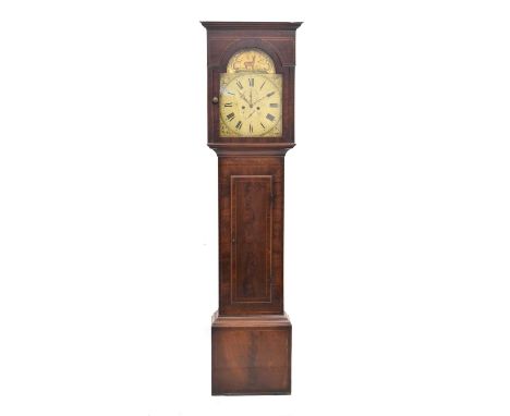 Scottish 19th Century mahogany cased painted dial longcase clock, Brown Airdrie, the signed 14-inch break-arch Roman dial wit
