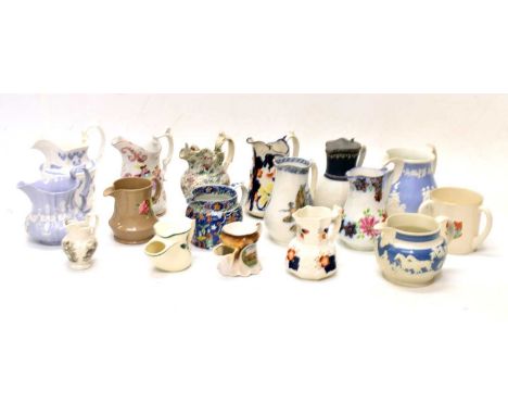 Quantity of late 19th/early 20th Century jugs, together with a W.H. Goss crested ware tyg, 26cm high and smaller