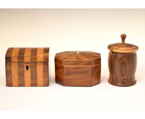 Three 19th Century and later wooden boxes including an octagonal tea caddy and treen example, 15cm high and smaller (3)