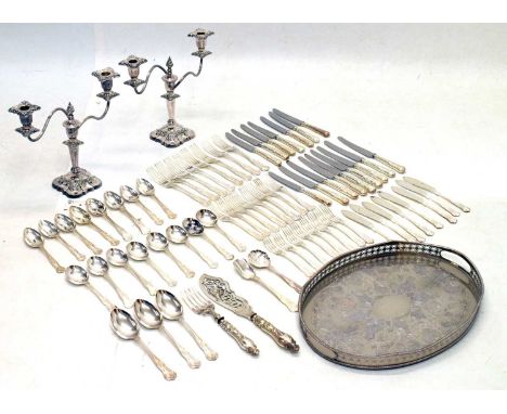 Pair silver-plated two-branch candelabra, 28cm high, together with an eight settings Kings pattern flatware, and oval gallery