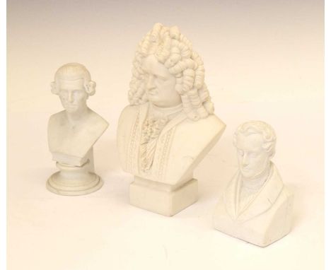 Parian bust of Handel, impressed mark 'R&amp;L' (Robinson and Leadbeater), 20cm high, together with two smaller busts of Bell