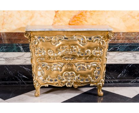 A Venetian commode in gilt wood and mirror glass with faux marble top, Italy, 19th C.W 120 - H 90 - D 60 cm