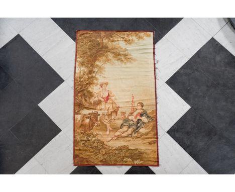 A French Aubusson style wall tapestry with a historicizing romantic scene, ca. 1900223 x 131,5 cm    Type Gobelin.