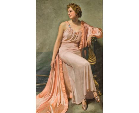 Jose Storie (1899-1961): 'Symphonie en rose (portrait Mme Hofman)', oil on canvas, dated 1936Work: 175 x 105 cm Frame: 194 x 