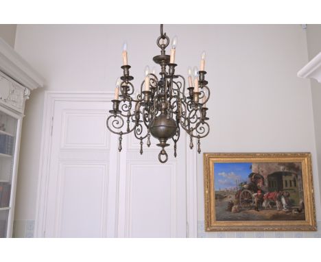 A Renaissance style bronze twelve-light 'ball' chandelier, 19th/20th C.H 80 cm - Dia.: 70 cm