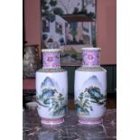 Two Chinese famille rose vases with an animated mountainous river landscape, Qianlong mark, 20th C.