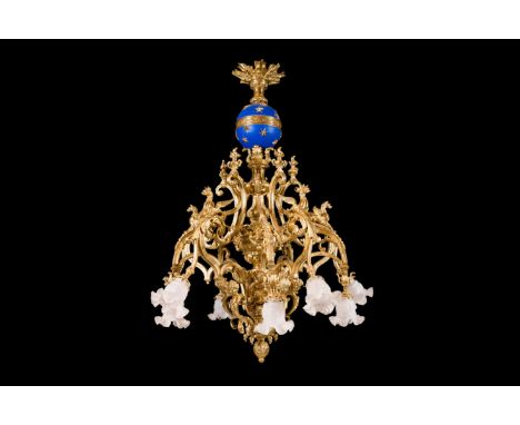 A French Napoleon III gilt bronze ten-light chandelier crowned with a blue ground starry sphere, 19th C.H 123 cm - Dia.: 88 c