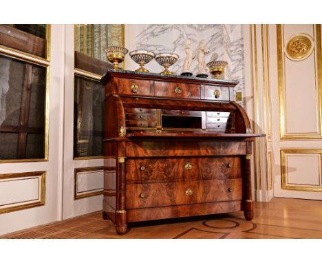 A French Empire gilt bronze mounted mahogany veneered cylinder desk with marble top, first quarter 19th C.H 136 - L 132 - D 6