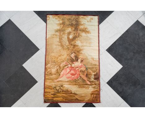 A French Aubusson style wall tapestry with a historicizing romantic scene, ca. 1900222,5 x 132,5 cm    Type Gobelin.