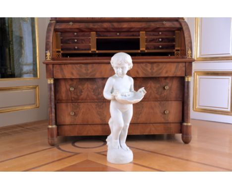 A white marble figure of a boy holding a shell-shaped basin, 20th C.H 78 cm