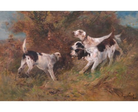 Henry Schouten (1857-1927): Dogs while hunting, oil on canvasWork: 73 x 48 cm Frame: 105 x 80,5 cm  