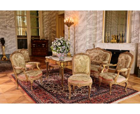 A French 6-piece Aubusson tapestry upholstered gilt wooden Napoleon III salon suite comprising a canape, three armchairs and 