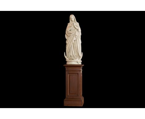 A massive Belgian plaster figure depicting Madonna on the crescent moon on a wooden base, first half 20th C.H 280 - 155 cm (w