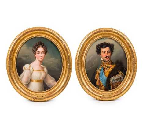 German school: Portraits of Oscar I, king of Sweden and Norway, and his wife Josephine, oil on canvas, 19th C.Work: 70,5 x 57