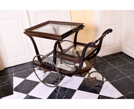 A wooden serving trolley with glass shelves, 19th/20th C.L 104 - W 58 - H 80 cm  64 x 52 cm (top shelf)