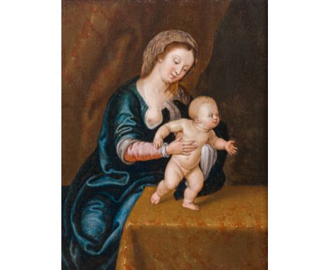 Flemish school, follower of Bernard van Orley (1490-1542): Our Lady and Child behind a table, oil on panel, early 17th C.Work