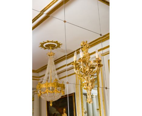 A pair of large French gilt bronze Louis XVI style three-light wall appliques with hunting design, 19th C.H 91 - L 45 cm