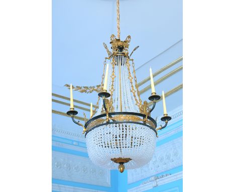 A French gilt and patinated bronze Empire style 'sac-a-perles' ten-light chandelier, 20th C.H 120 cm - Dia.: 80 cm