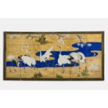 A Japanese six-fold paper screen with cranes, probably Edo, 18th/19th C.