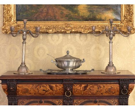 A pair of large five-light silver candelabra, 800/000, 19th C.H 57,5 cm  Total weight: 3985g    The maker's mark unfortunatel